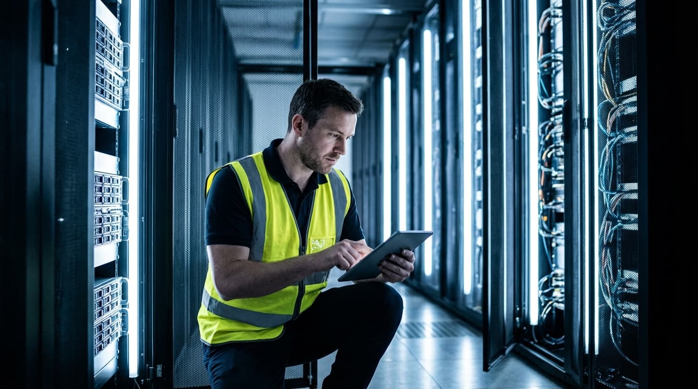 Data center technician inspecting server racks